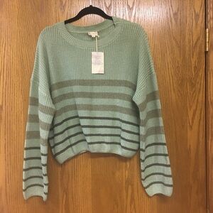 Hem & Thread Women’s Cropped Long Sleeve Striped Green Sweater Size L NWT